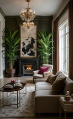 Stylish professional photograph of a dark green and brass luxury living room interior with velvet furniture and tropical plants