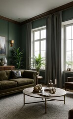 Stylish professional photograph of a dark green and brass luxury living room interior with velvet furniture and tropical plants
