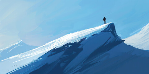 A lone figure stands atop a snowy mountain, gazing out at the endless expanse below them, their spirit unfettered by fear or doubt