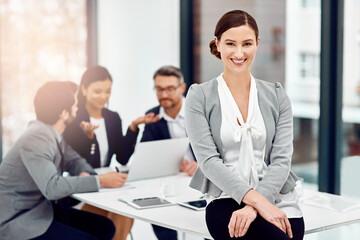 Office, happy and portrait of woman with meeting for business investment, report or partnership. Employee, smile and confidence in management with consultation for finance budget, planning or support