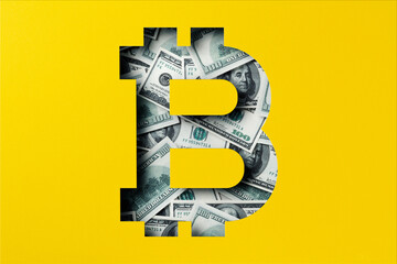 One hundred dollar bill banknotes under yellow paper cutout, Bitcoin icon