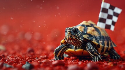A turtle in a race car driver's suit, holding a checkered flag, on a solid red background.