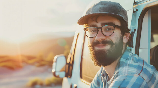 Close-up young man traveler in sunglasses standing near car in the sun