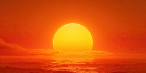 A bright orange sun dips below the horizon, casting a warm hue across the sky.