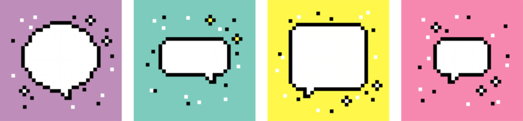 Collection of empty pixel art speech bubbles. Chat or pixel dialogue box set. Neon colors. 8-bit retro style vector illustration