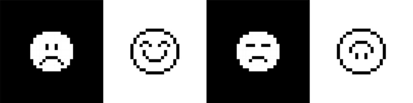 Set of pixel smile icons. Various emoji. Sad and happy faces. Pixels Y2k trendy stickers. Black and white colors. 8bit retro elements in the mood of 90's aesthetics. Vector illustration