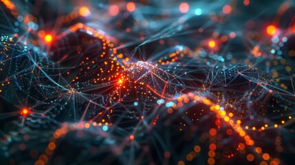 A detailed visualization of a neural network displaying vibrant network connections and glowing nodes against a dark backdrop. Quantum Computers concept