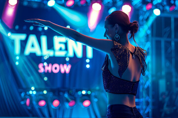 Talent show advertisement and young woman dancing, entertainment and contests concept, with writing “ Talent SHOW “
