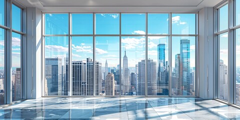 Manhattan Cityscape Business Background Through Office Window, Concepts of Commerce and Technology, Corporate Office Building