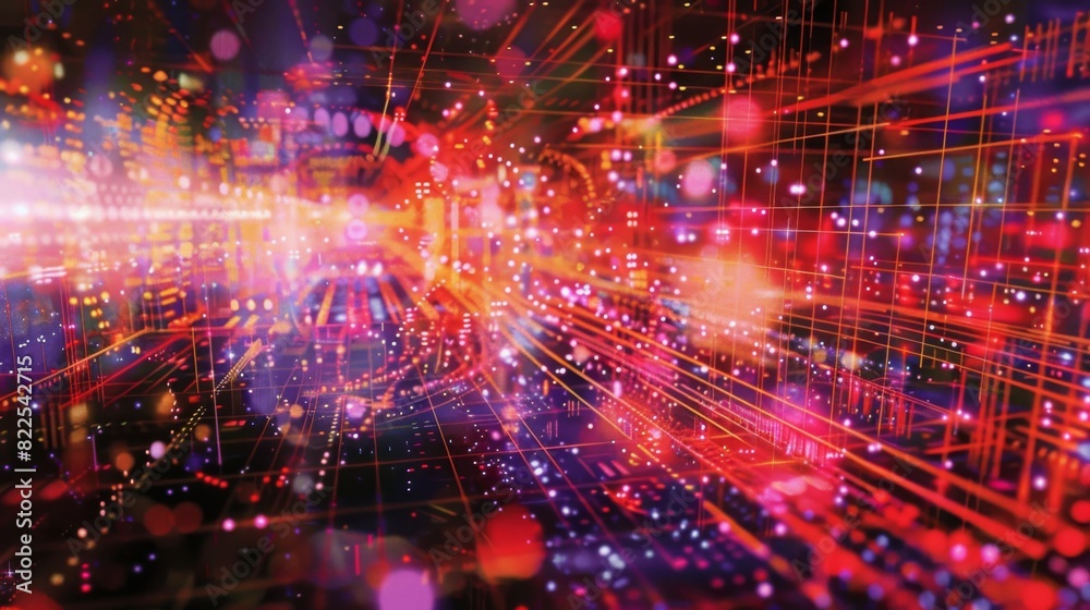 Poster vibrant lines of data move through a complex digital network, creating a dynamic and colorful abstra