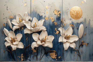 three panel wall art, white marble background with white golden tulip flowers designs, with golden round circle