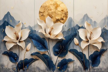 three panel wall art, white marble background with white golden tulip flowers designs, with golden round circle