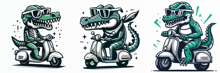 vector set of crocodiles riding scooters