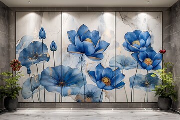 panel wall art, violet and golden marble background with tulip flower designs