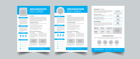 Nonprofit Organization Fact Sheet layout design template with 3 style design concept
