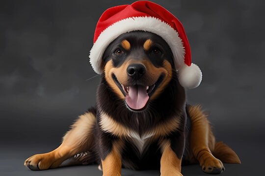 Group dog and cat and kitens wearing a santa hat
