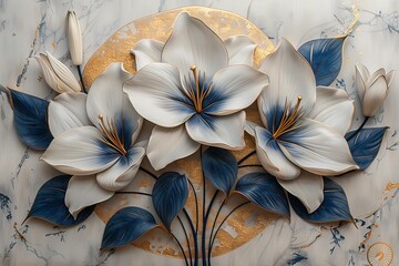 three panel wall art, white marble background with white golden tulip flowers designs, with golden round circle