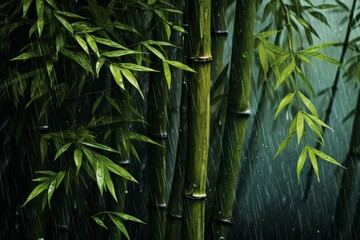 Tranquil scene of bamboo in the rain, showcasing fresh green leaves and the peaceful ambiance of nature