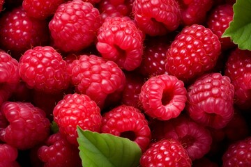 Close-up of juicy red raspberries with vibrant green leaves - Powered by Adobe