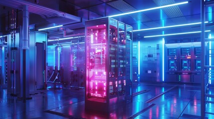 A high-tech data center with illuminated server racks and vibrant blue and pink lighting. The space features advanced infrastructure and technology in a futuristic setting.