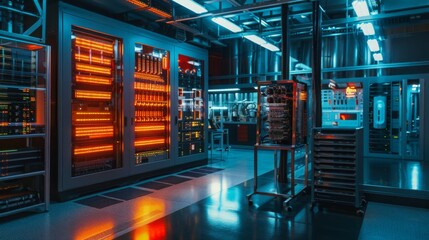 A state-of-the-art data center showcasing illuminated server racks, advanced computer systems, and network equipment under artificial lighting.