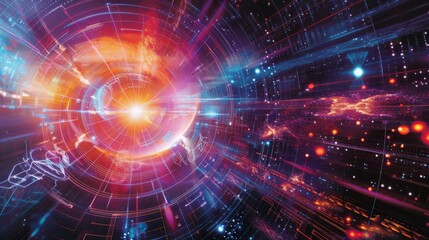 A mesmerizing display of an interstellar energy core emitting bright, vivid colors, and intricate light patterns in deep space at dusk. Quantum Computers concept