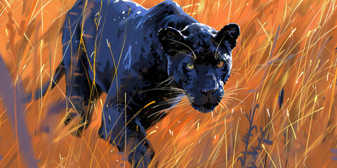 The Mystic Realm of the Black Panther: A graceful black panther gliding through the tall grasses of its African savanna habitat