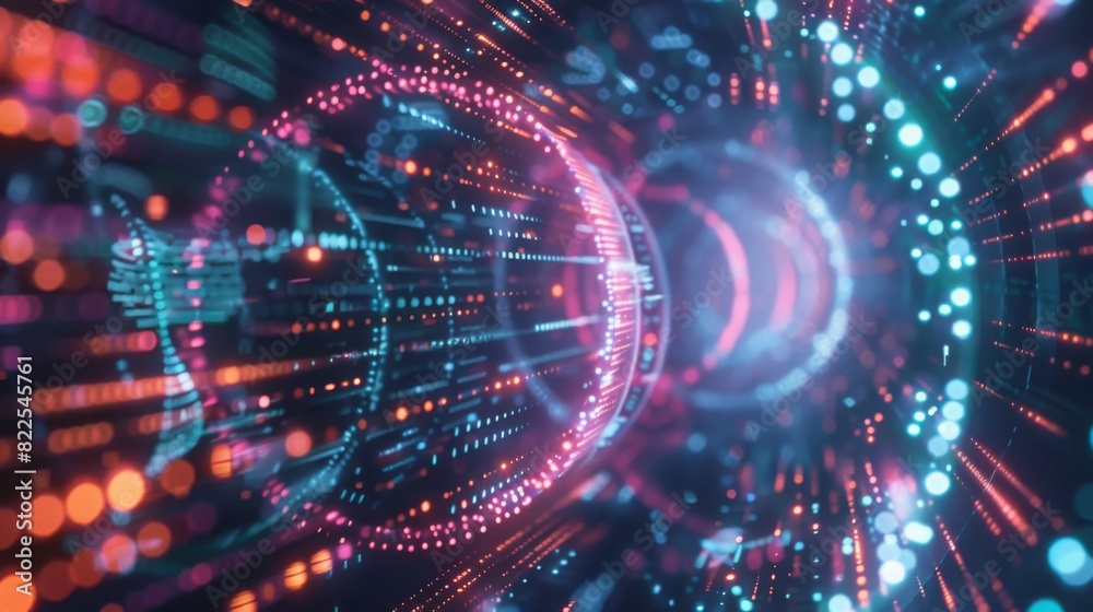Poster a dynamic and colorful digital data stream flows through a futuristic cyber network, displaying vibr