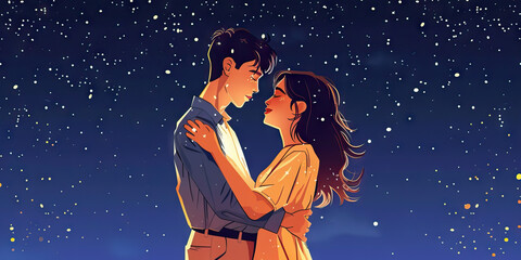 Celestial Waltz: A passionate couple weaves through the night sky, their intertwined bodies and graceful dance echoing the constellations above