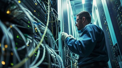 Technician managing cables in a server room, ensuring connectivity and network stability, Created with Generative AI.