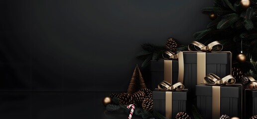 Fototapeta premium 3D Rendering of Black and Gold Gift Boxes with Christmas Decorations