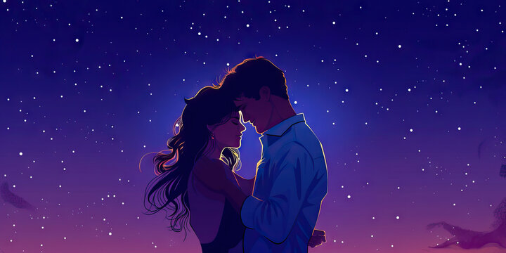 Celestial Waltz: A passionate couple weaves through the night sky, their intertwined bodies and graceful dance echoing the constellations above