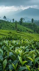 Fototapeta premium Field of green tea plants with mountains in the background