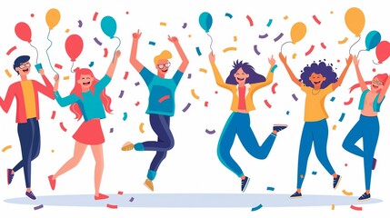 Cartoon party people. Trendy happy dancing group of men and women with party confetti and balloons. Illustration birthday young fun man and his friends
