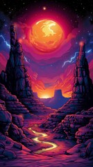 Obraz premium Mesmerizing Alien Landscape with Fiery Red Sunset, Rocky Spires, and a Glowing Stream Under a Starry Sky - Sci-Fi Fantasy Art