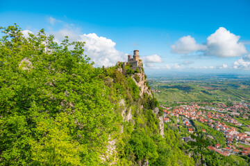 San Marino city view. Fortress on the rock. San Marino landmark. Italy.