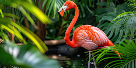 Fototapeta premium A vibrant pink flamingo perched amongst verdant foliage, its image gracefully reflected on a crystalline pool, creating a captivating natural mirror.