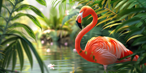 Fototapeta premium A vibrant pink flamingo perched amongst verdant foliage, its image gracefully reflected on a crystalline pool, creating a captivating natural mirror.