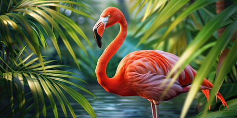 A vibrant pink flamingo perched amongst verdant foliage, its image gracefully reflected on a crystalline pool, creating a captivating natural mirror.