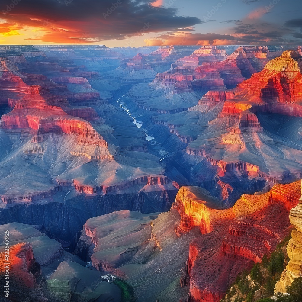 Wall mural Awe-inspiring Grand Canyon at Sunset Showcasing Vivid Colors and Majestic Rock Formations with Luminous Sky and Vibrant Landscape - Wall murals