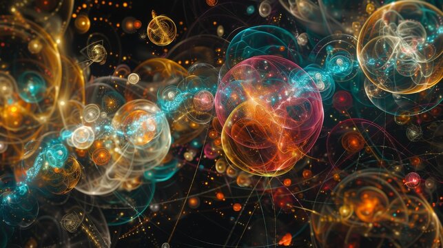 Vivid, colorful swirls and patterns represent quantum particles interconnecting in a galaxy-like composition.