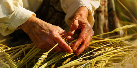 A pair of hands skillfully weave a delicate basket from reeds, preparing to hold the bounty of a summer harvest.