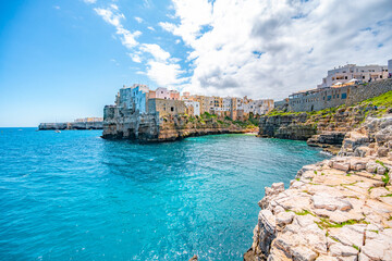 Cityscape of Polignano a Mare beach, Puglia region, Italy, Europe.  Seascape of Adriatic sea