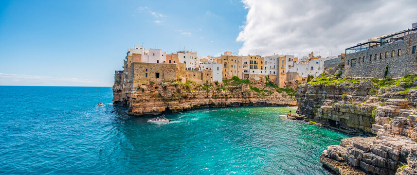 Cityscape of Polignano a Mare beach, Puglia region, Italy, Europe.  Seascape of Adriatic sea
