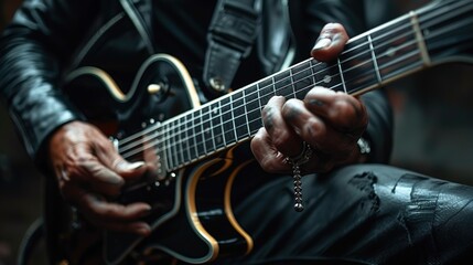 Obraz premium A musician's hand captured mid-action while playing a major chord on a guitar, highlighting the technique and precision