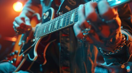 A musician's hand captured mid-action while playing a major chord on a guitar, highlighting the technique and precision