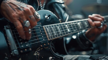 Fototapeta premium An artistic shot of a guitarist's fingers pressing a major chord, showcasing the skill and passion involved in playing