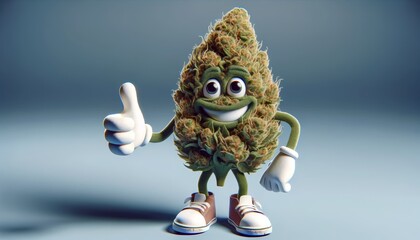 Cannabis bud as a character on a plain background.