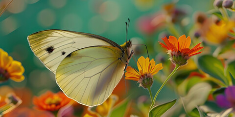 A butterfly flutters delicately through the air, its wings reflecting the vibrant colors of the flowers it hovers abovew