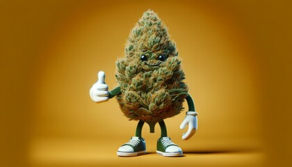 Cannabis bud as a character on a plain background.